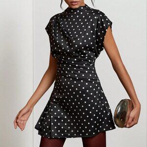Black And White Casual Women's Stand Collar Print Mini Dress